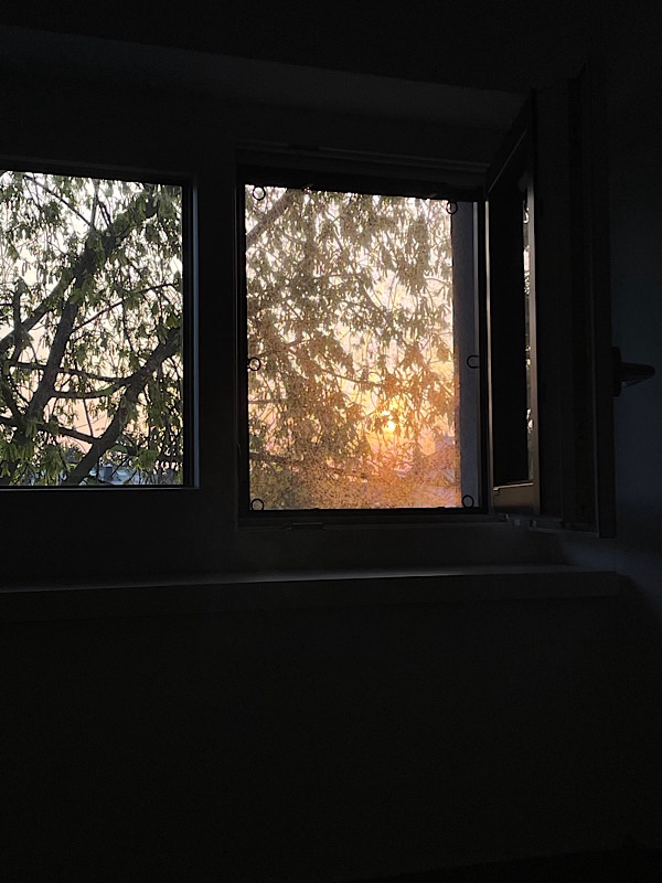 Fenster und Sonnenaufgang